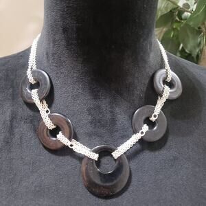 Womens Fashion Black Circle Plain Disc Silver Chains Frontal Necklace Lobster